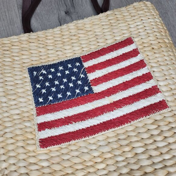 Handwoven Straw Tote Bag With American Flag embroidered Patch & Leather Straps - Picture 3 of 8
